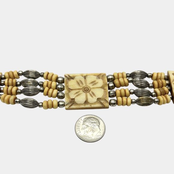 Vintage Carved Bracelet Flower Tile Beaded Handmade India Artisan Boho Hippie - Picture 3 of 11